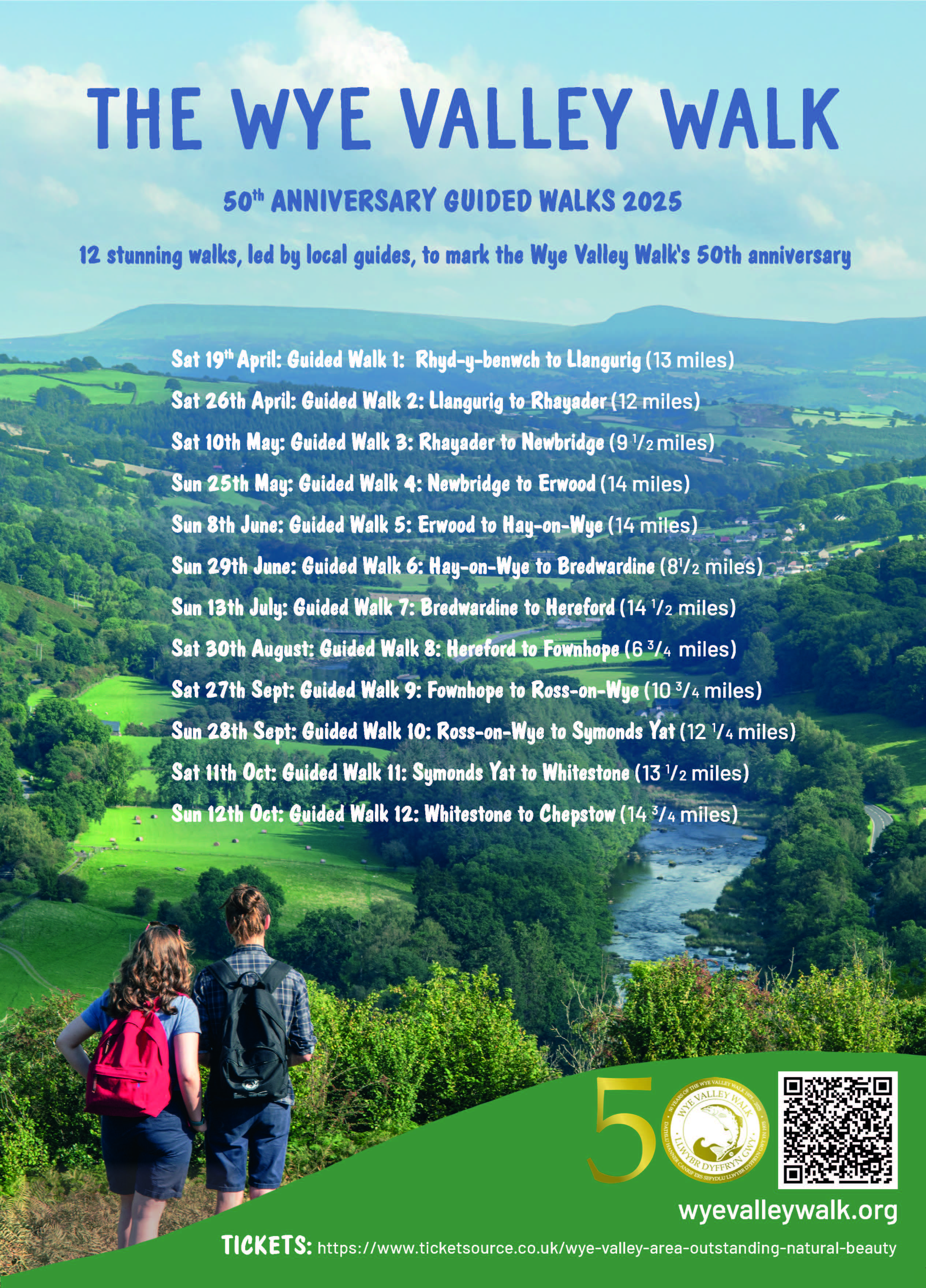 the Wye Valley Walk’s 50th Anniversary, 12 guided walks between April and October, visit https://www.ticketsource.co.uk/wye-valley-area-outstanding-natural-beauty